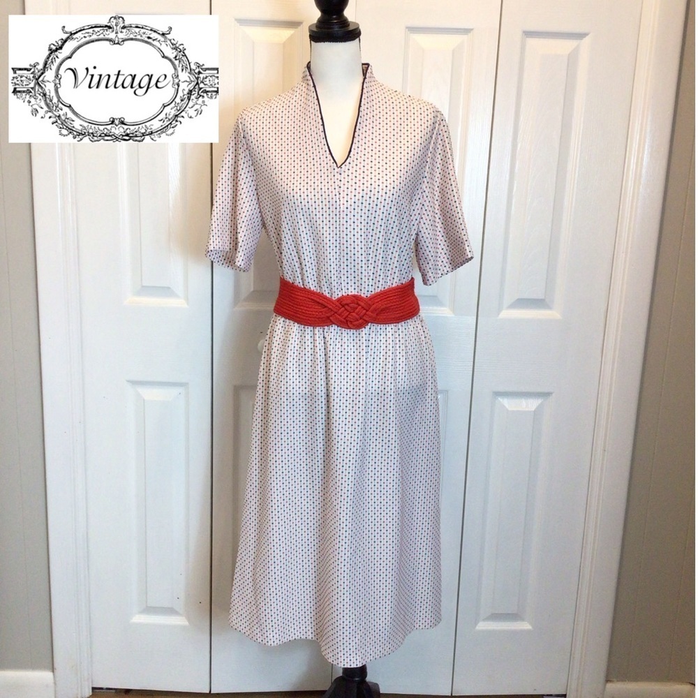 Vintage Red, White, & Blue Dot Print Belted Short Sleeve Midi Dress Size 20 1/2